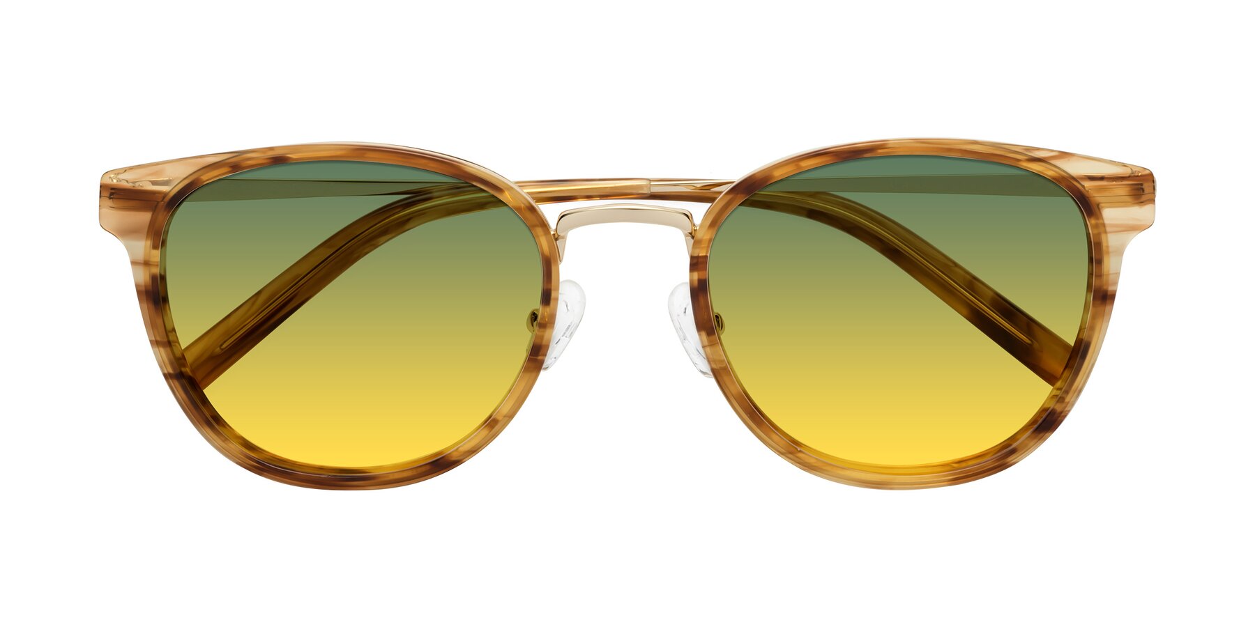 Folded Front of Callie in Amber Striped with Green / Yellow Gradient Lenses