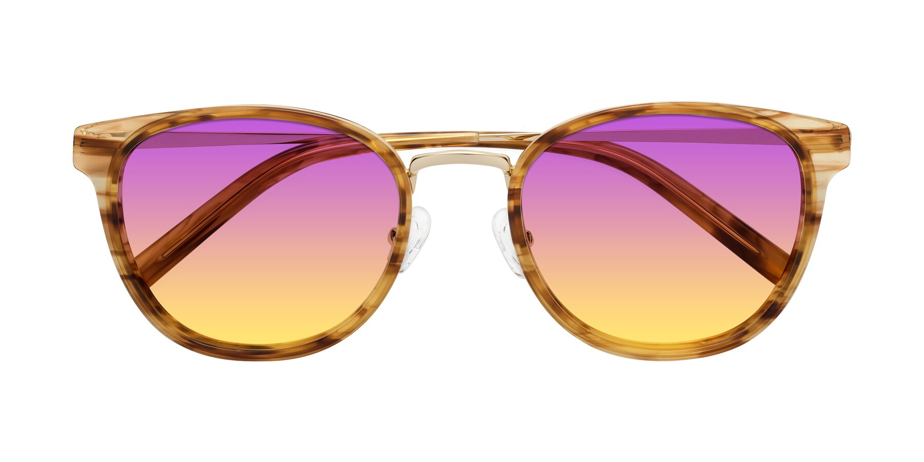 Folded Front of Callie in Amber Striped with Purple / Yellow Gradient Lenses