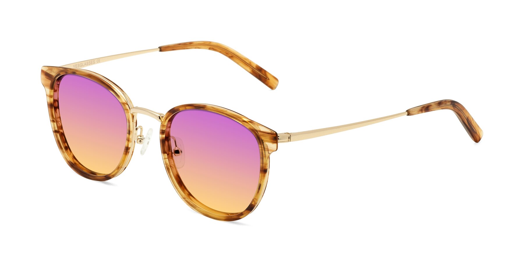 Angle of Callie in Amber Striped with Purple / Yellow Gradient Lenses
