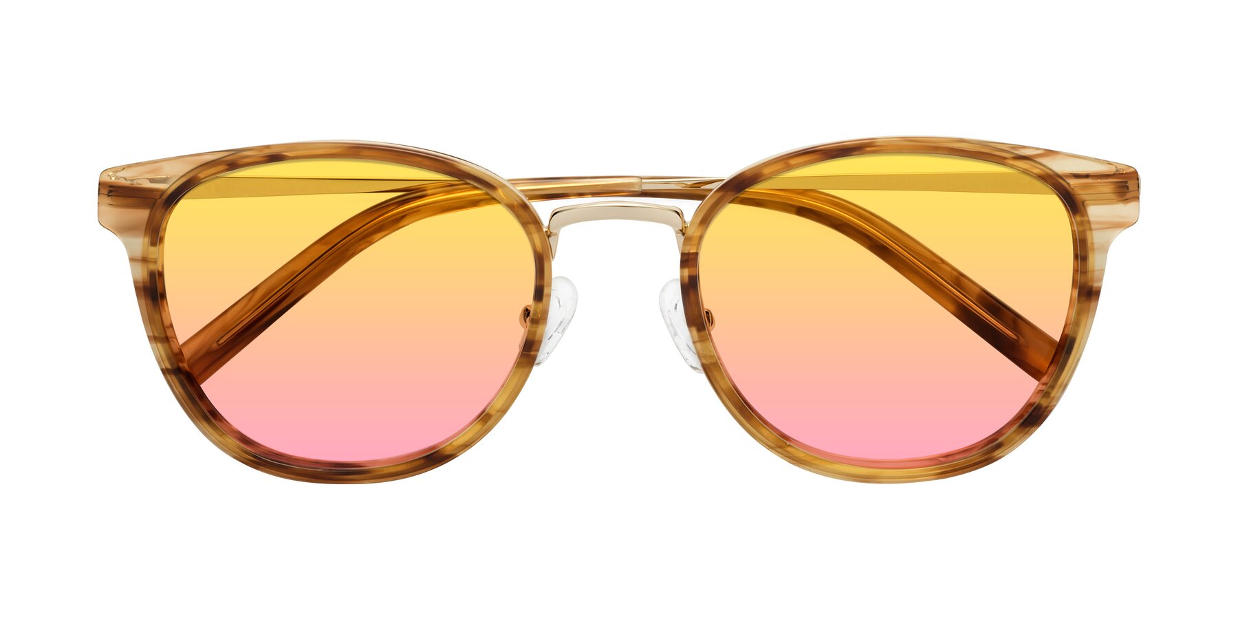Folded Front of Callie in Amber Striped with Yellow / Pink Gradient Lenses