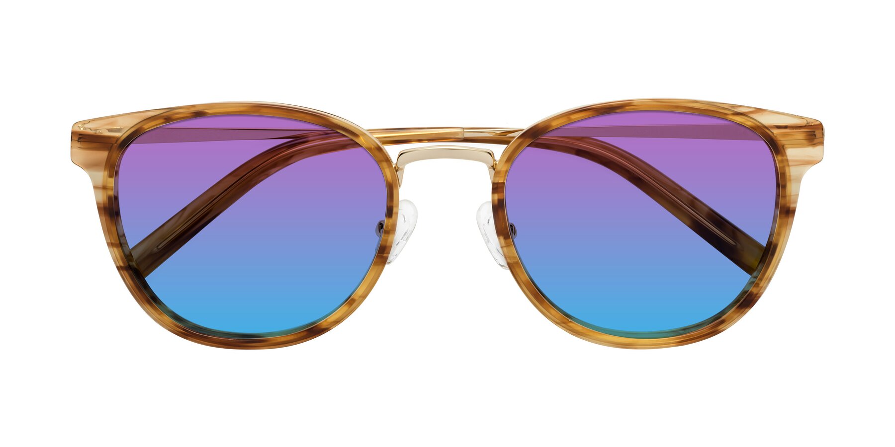 Folded Front of Callie in Amber Striped with Purple / Blue Gradient Lenses