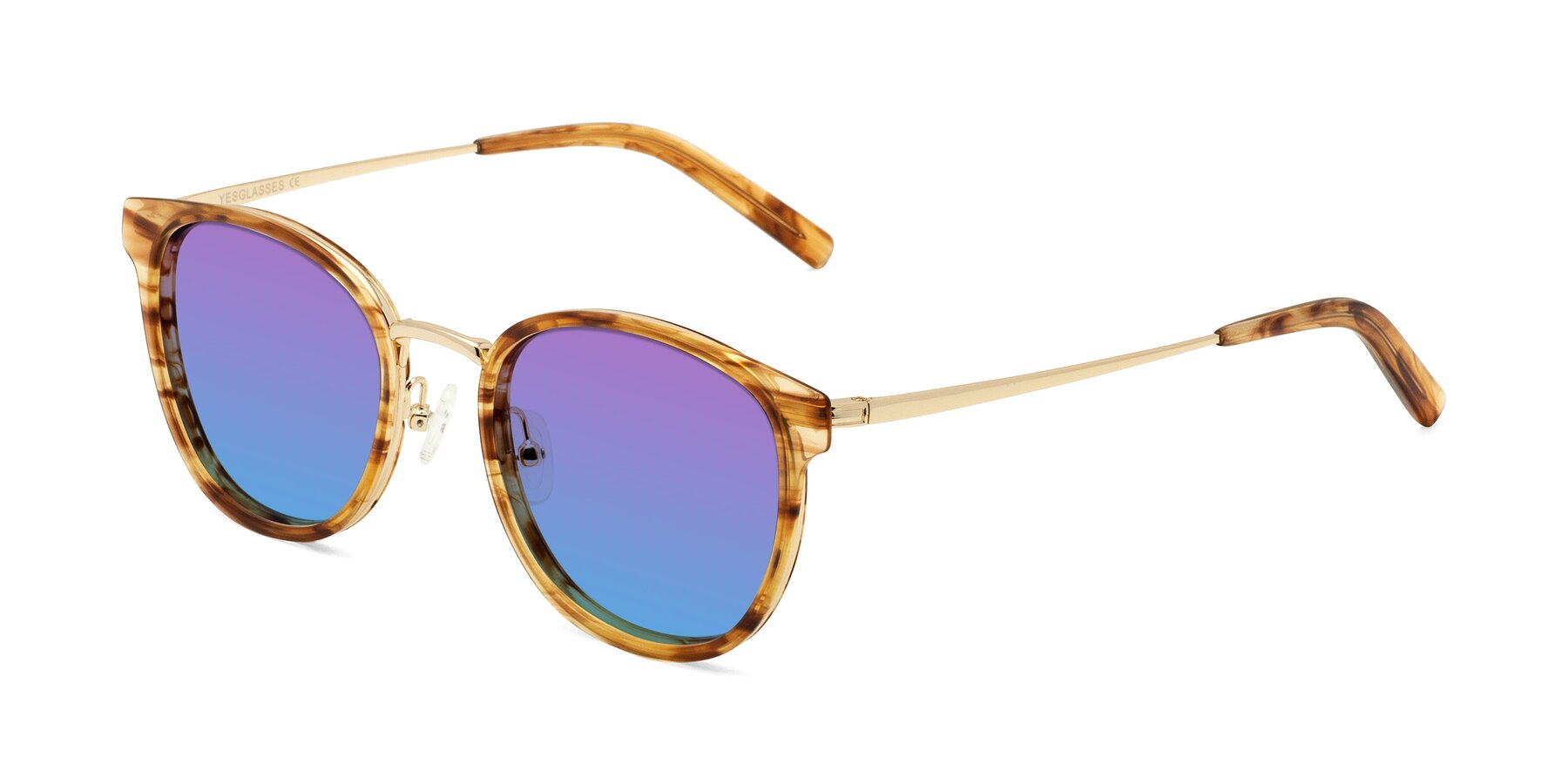 Angle of Callie in Amber Striped with Purple / Blue Gradient Lenses