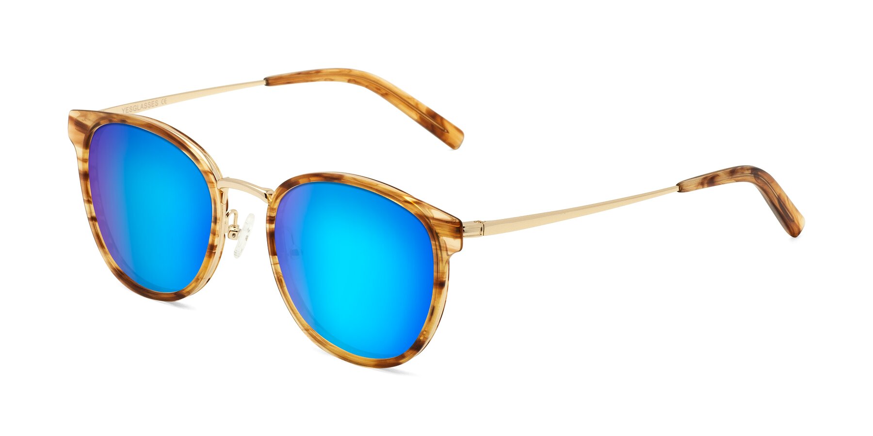 Angle of Callie in Amber Striped with Blue Mirrored Lenses