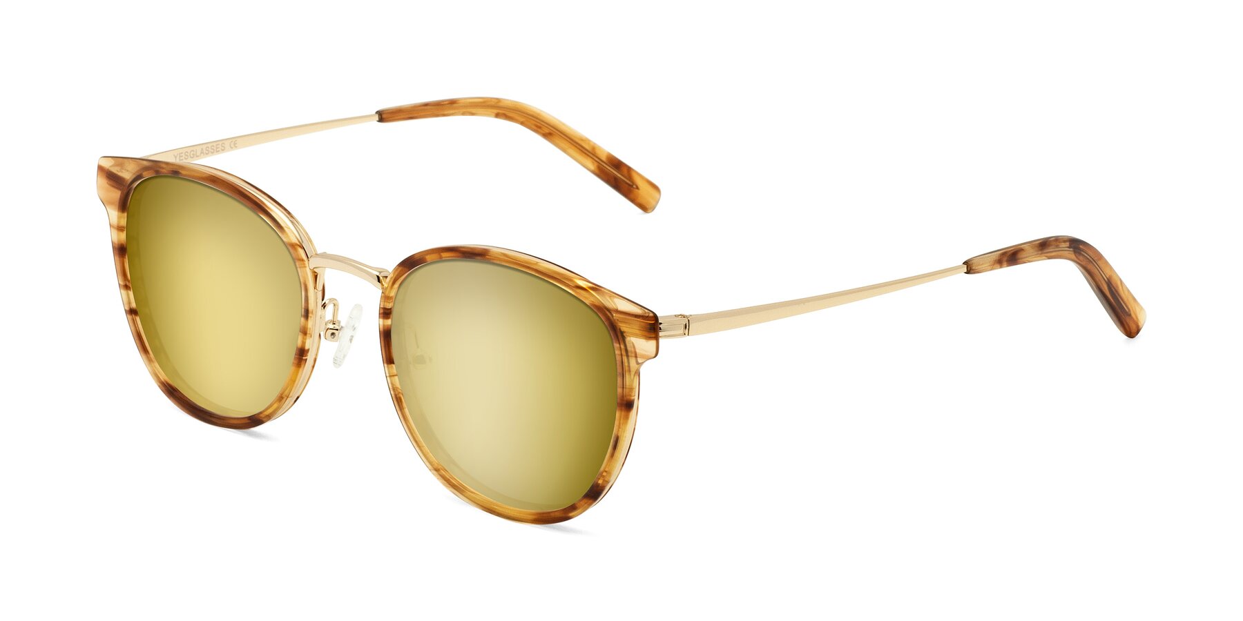 Angle of Callie in Amber Striped with Gold Mirrored Lenses