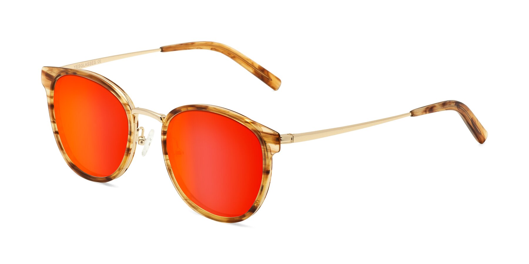 Angle of Callie in Amber Striped with Red Gold Mirrored Lenses