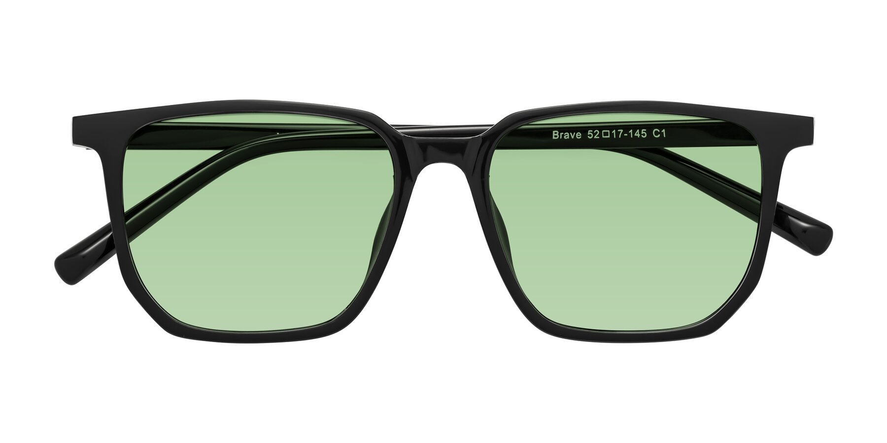 Folded Front of Brave in Black with Medium Green Tinted Lenses