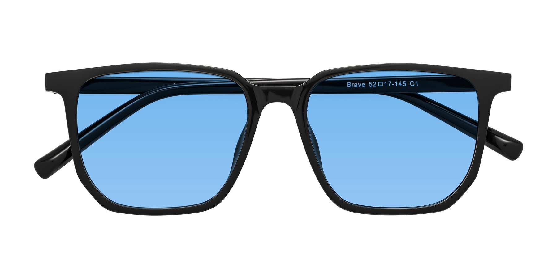 Folded Front of Brave in Black with Medium Blue Tinted Lenses