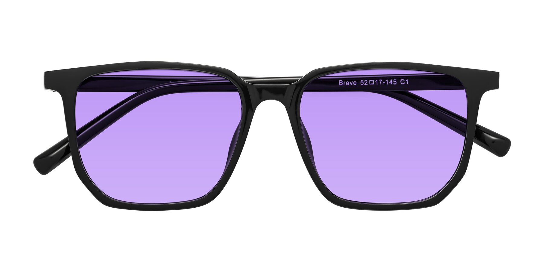 Folded Front of Brave in Black with Medium Purple Tinted Lenses
