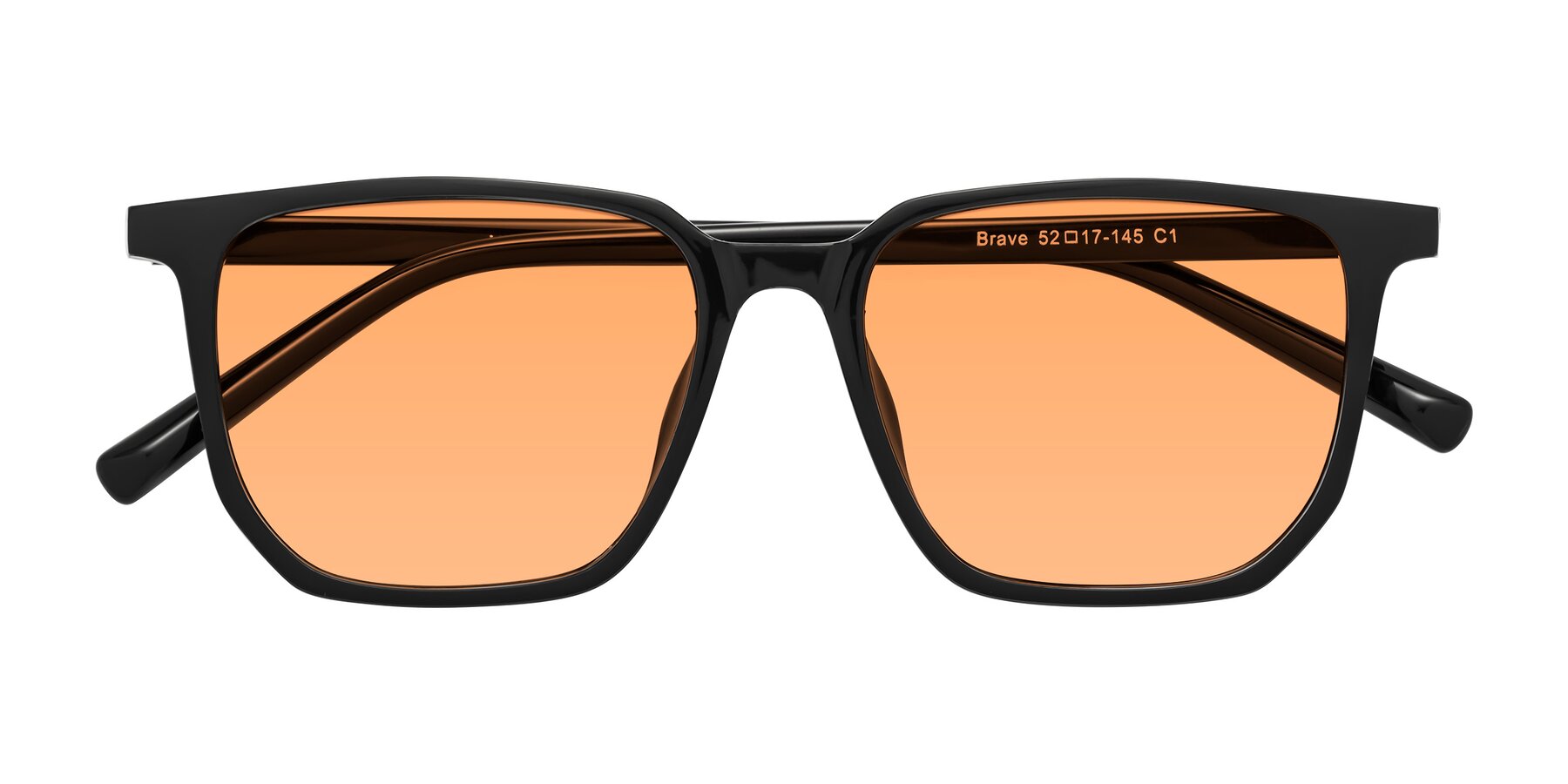 Folded Front of Brave in Black with Medium Orange Tinted Lenses