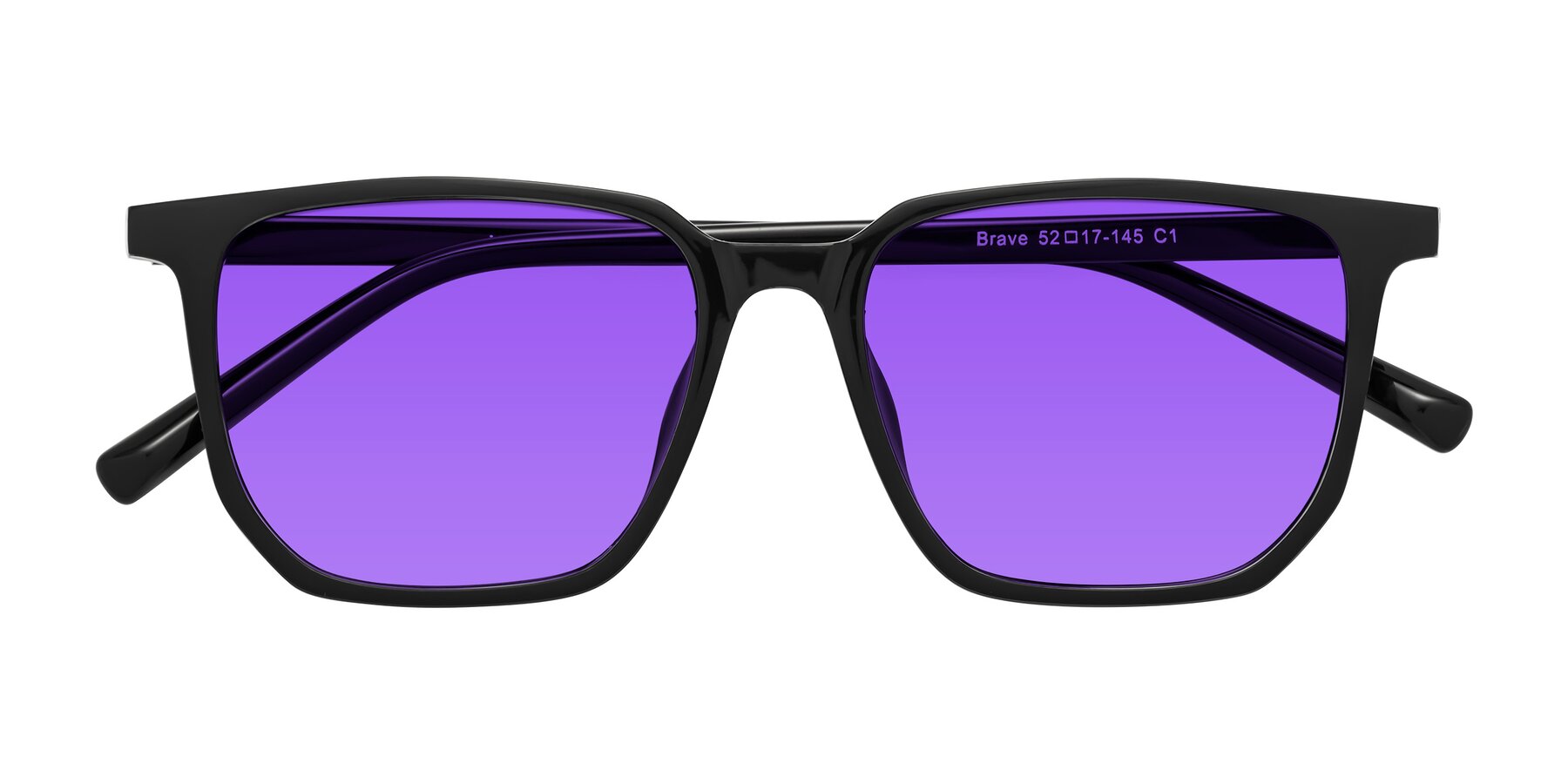 Folded Front of Brave in Black with Purple Tinted Lenses