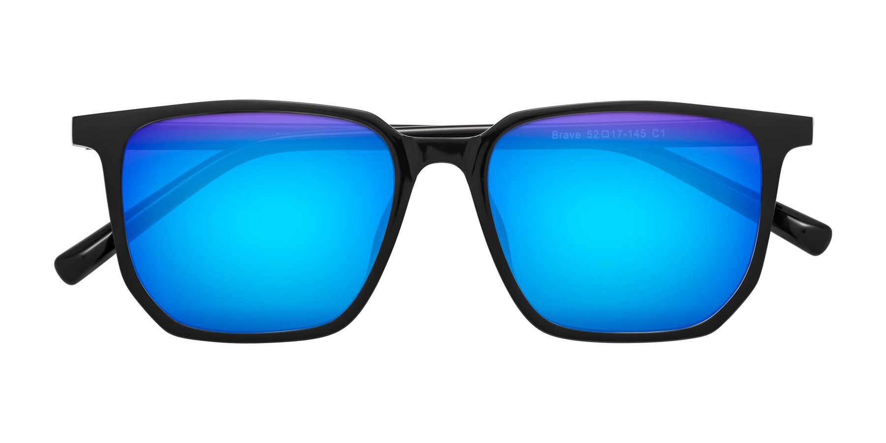 Folded Front of Brave in Black with Blue Mirrored Lenses