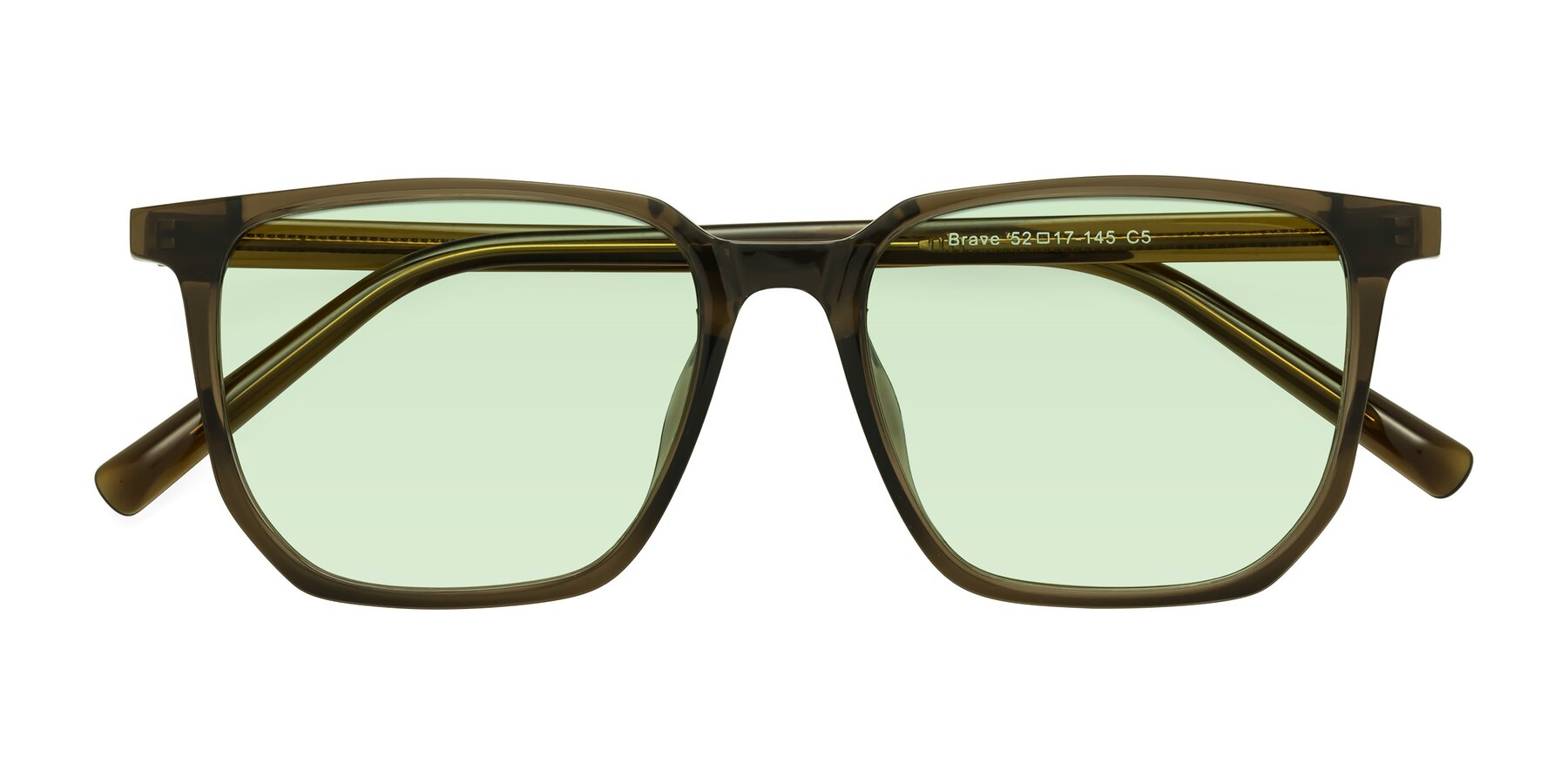 Folded Front of Brave in Coffee with Light Green Tinted Lenses