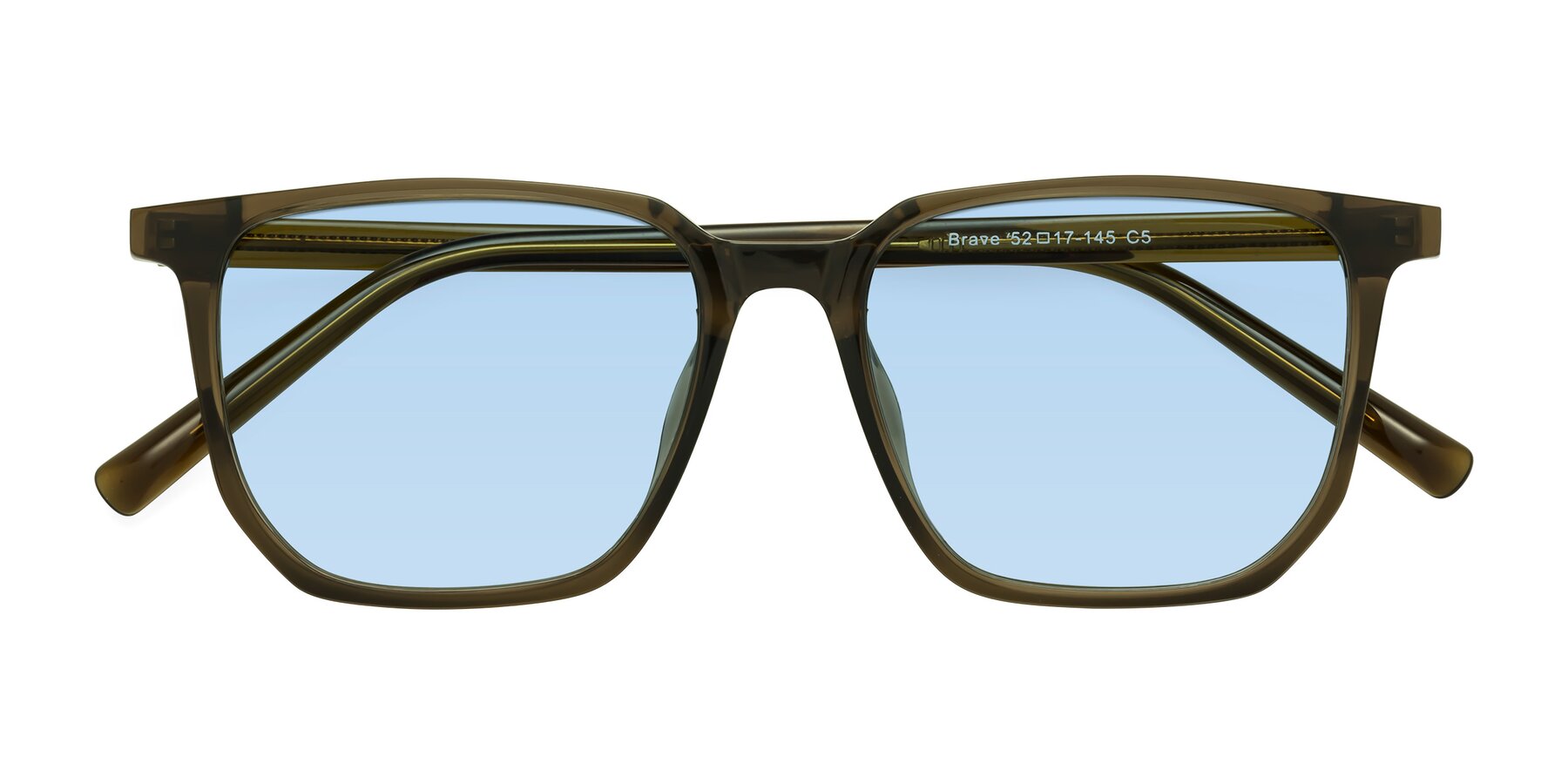 Folded Front of Brave in Coffee with Light Blue Tinted Lenses
