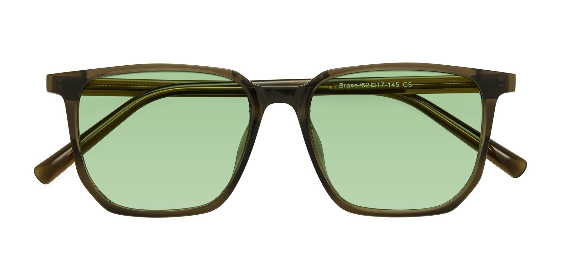 Folded Front of Brave in Coffee with Medium Green Tinted Lenses