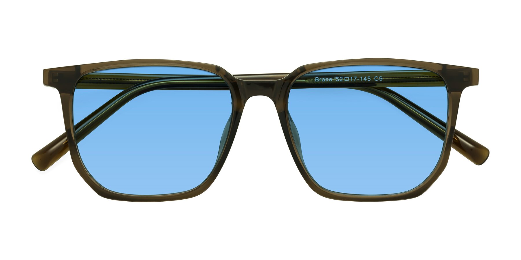 Folded Front of Brave in Coffee with Medium Blue Tinted Lenses