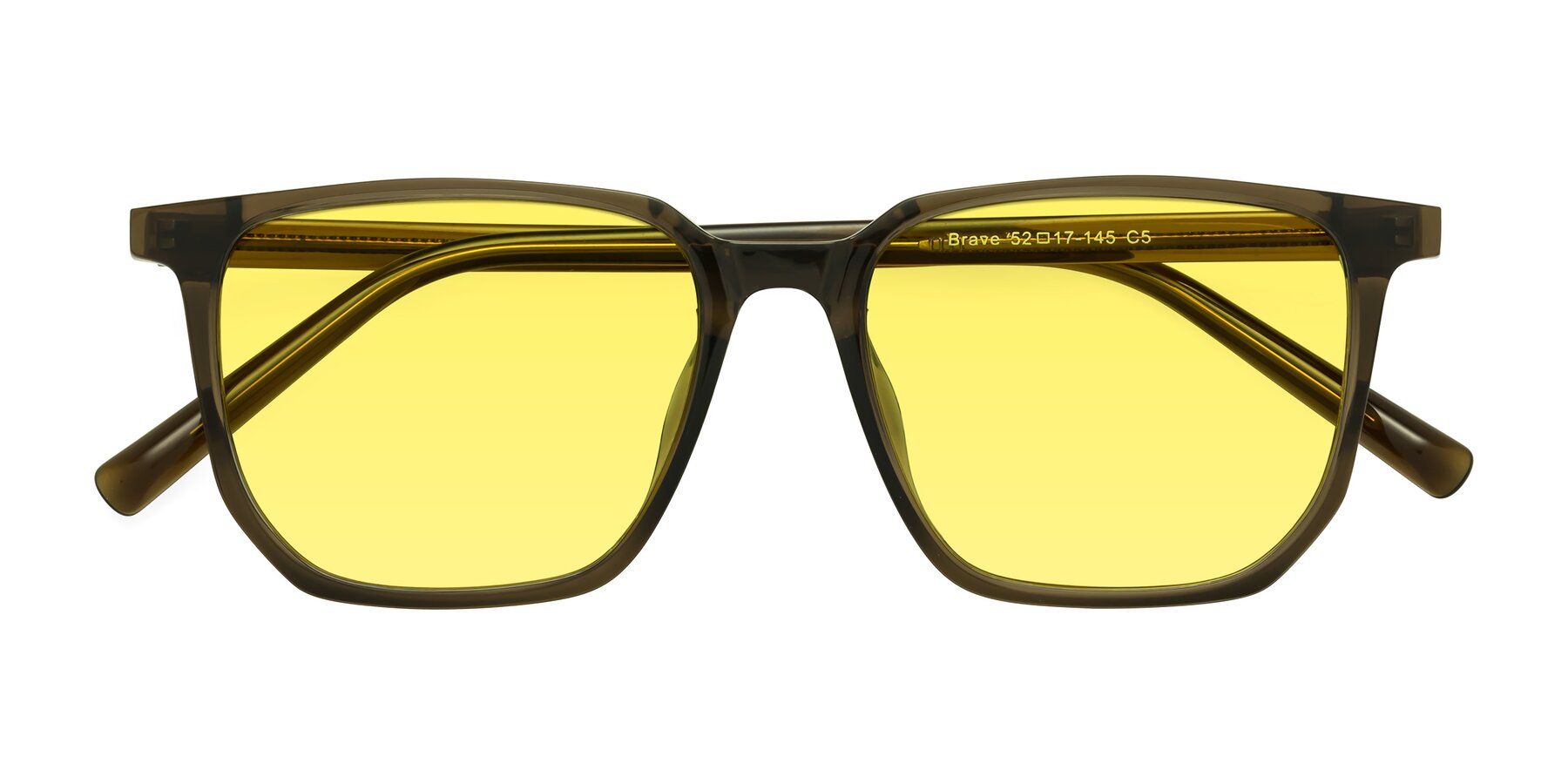 Folded Front of Brave in Coffee with Medium Yellow Tinted Lenses