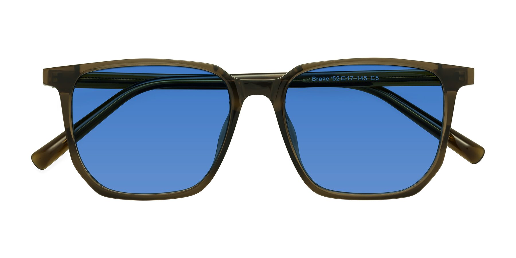 Folded Front of Brave in Coffee with Blue Tinted Lenses