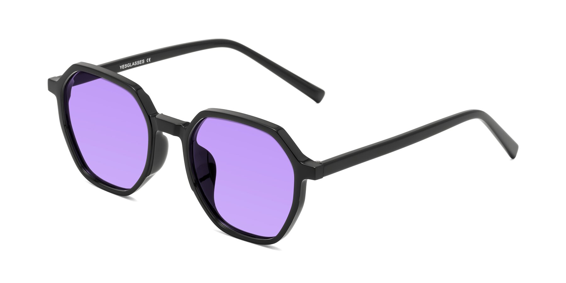 Angle of Doll in Black with Medium Purple Tinted Lenses