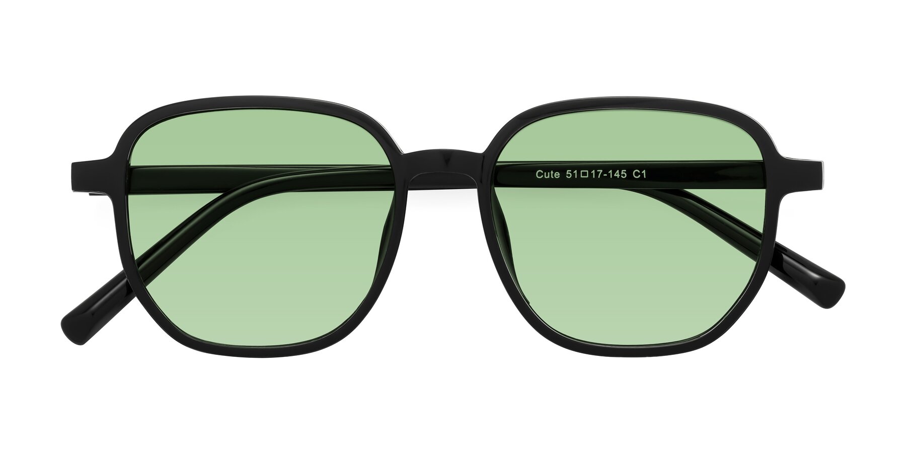 Folded Front of Cute in Black with Medium Green Tinted Lenses