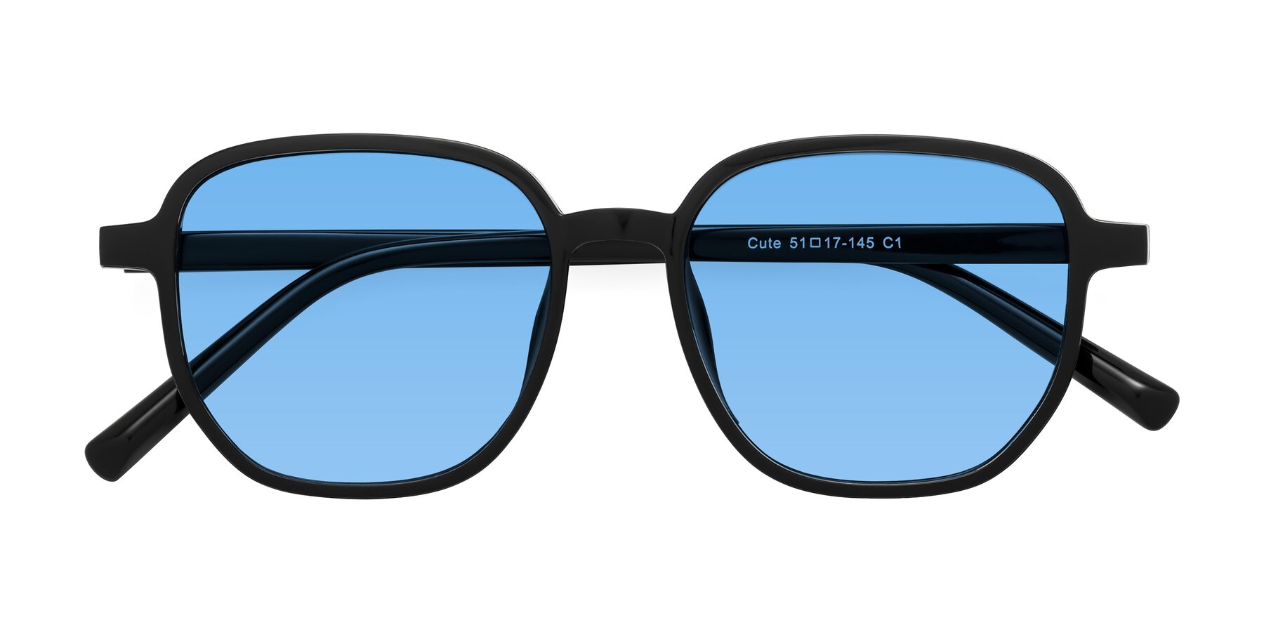 Folded Front of Cute in Black with Medium Blue Tinted Lenses