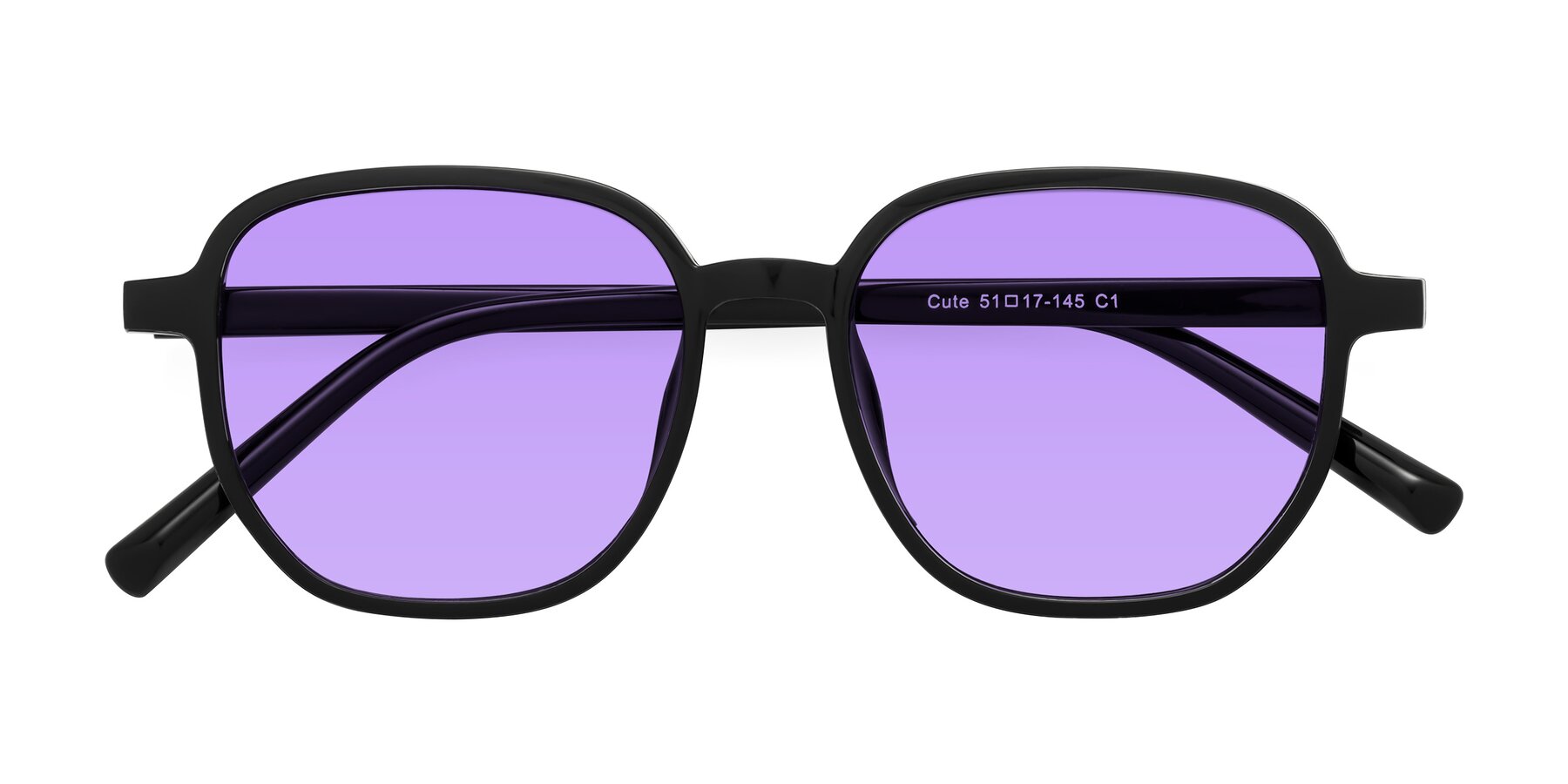 Folded Front of Cute in Black with Medium Purple Tinted Lenses