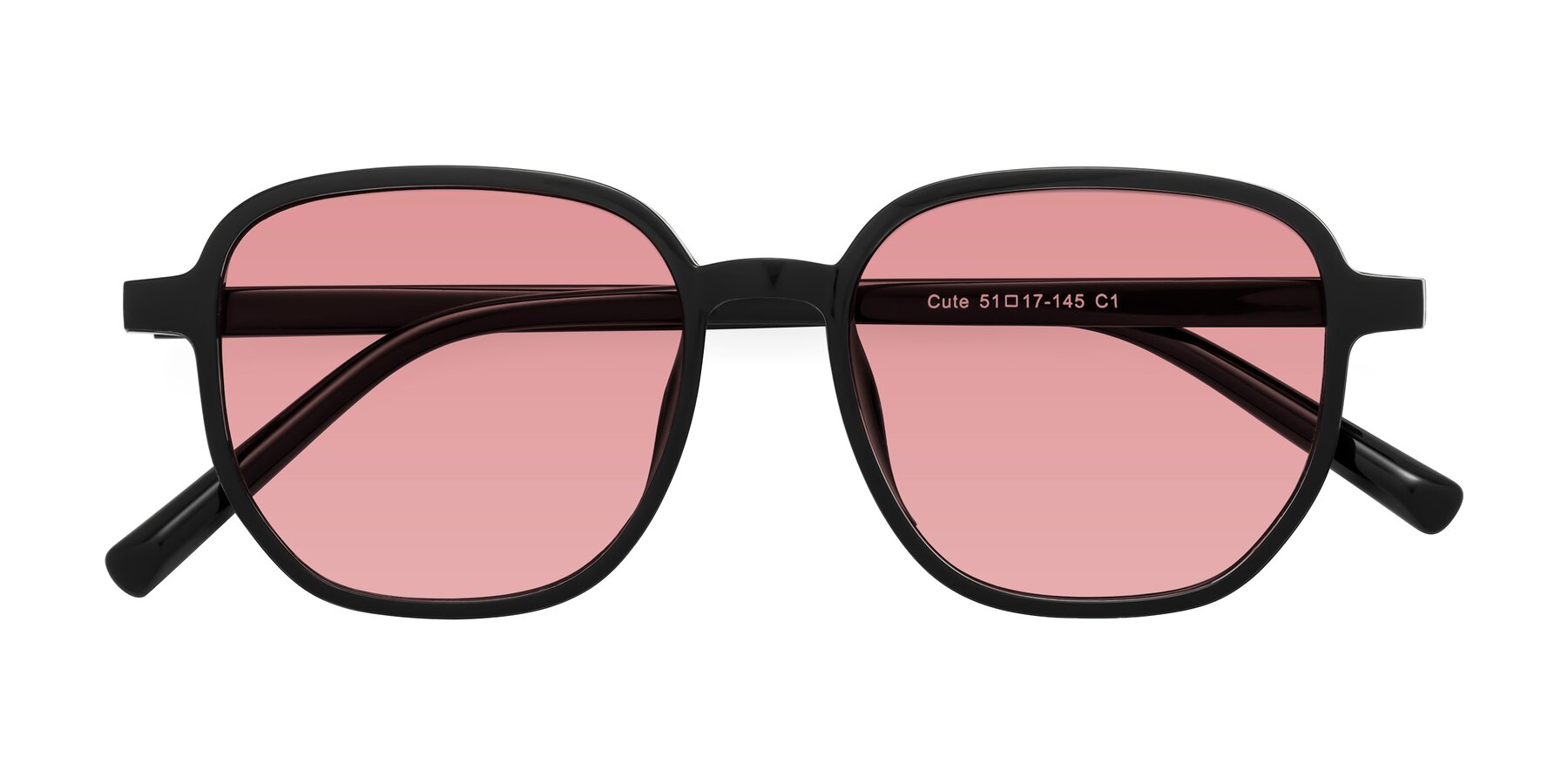 Folded Front of Cute in Black with Medium Garnet Tinted Lenses