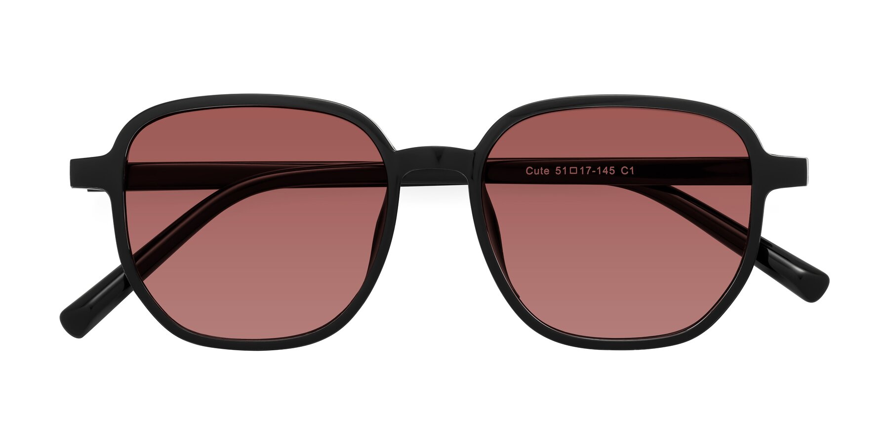 Folded Front of Cute in Black with Garnet Tinted Lenses