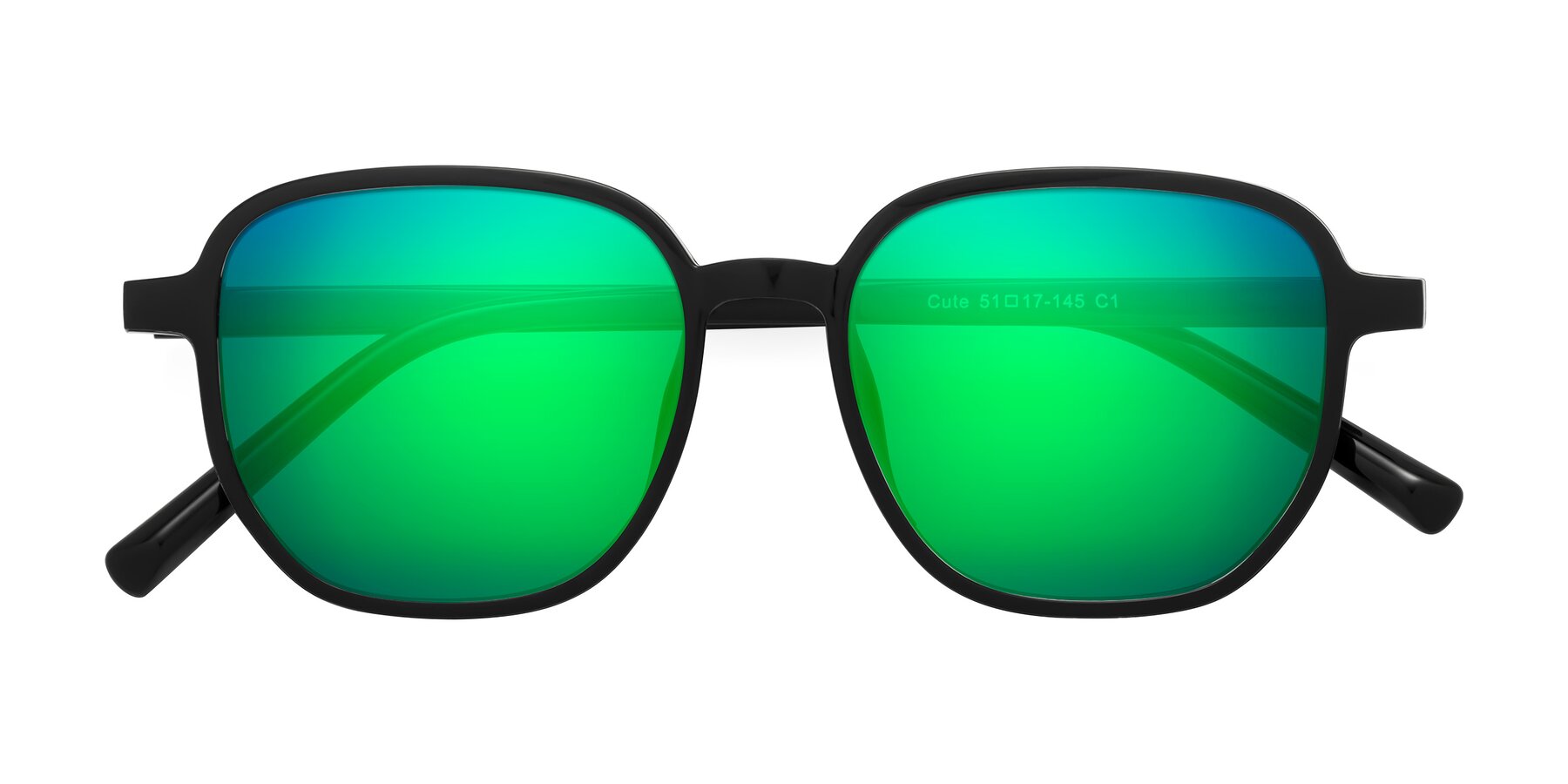 Folded Front of Cute in Black with Green Mirrored Lenses