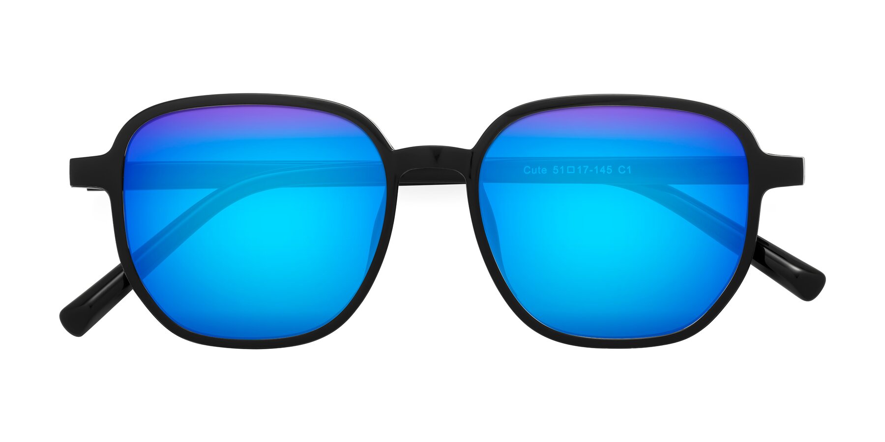Folded Front of Cute in Black with Blue Mirrored Lenses