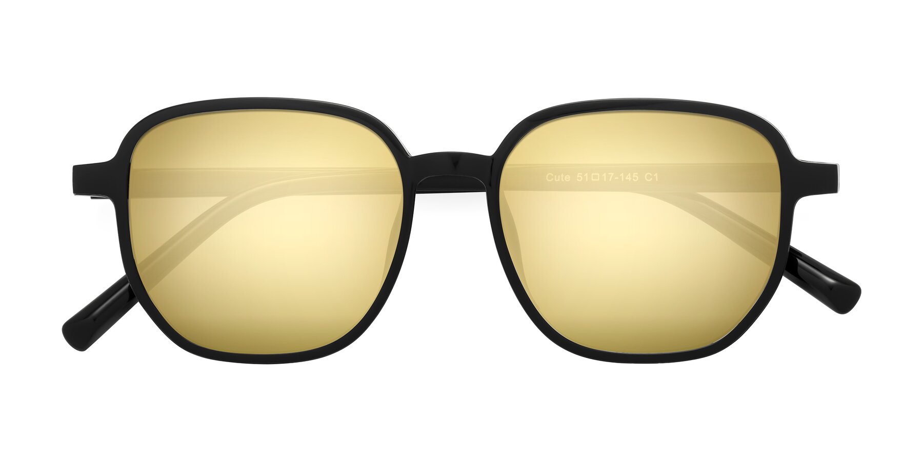 Folded Front of Cute in Black with Gold Mirrored Lenses