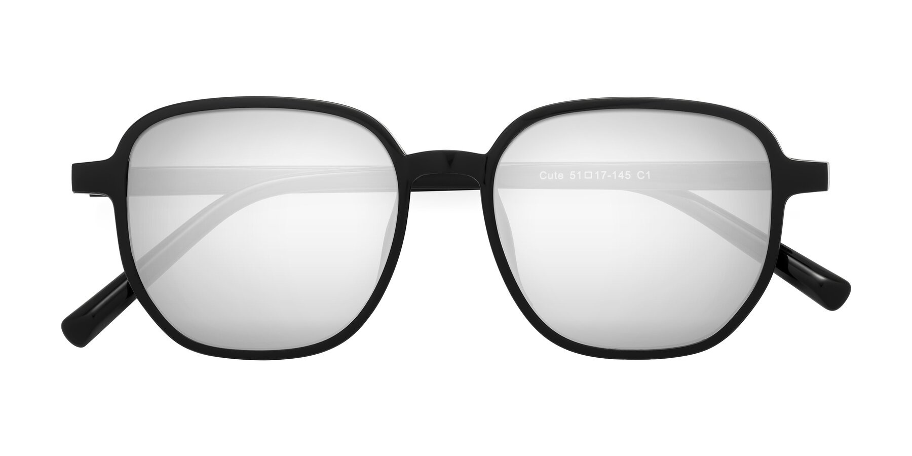 Folded Front of Cute in Black with Silver Mirrored Lenses