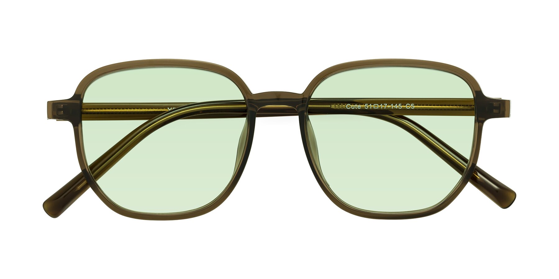 Folded Front of Cute in Coffee with Light Green Tinted Lenses