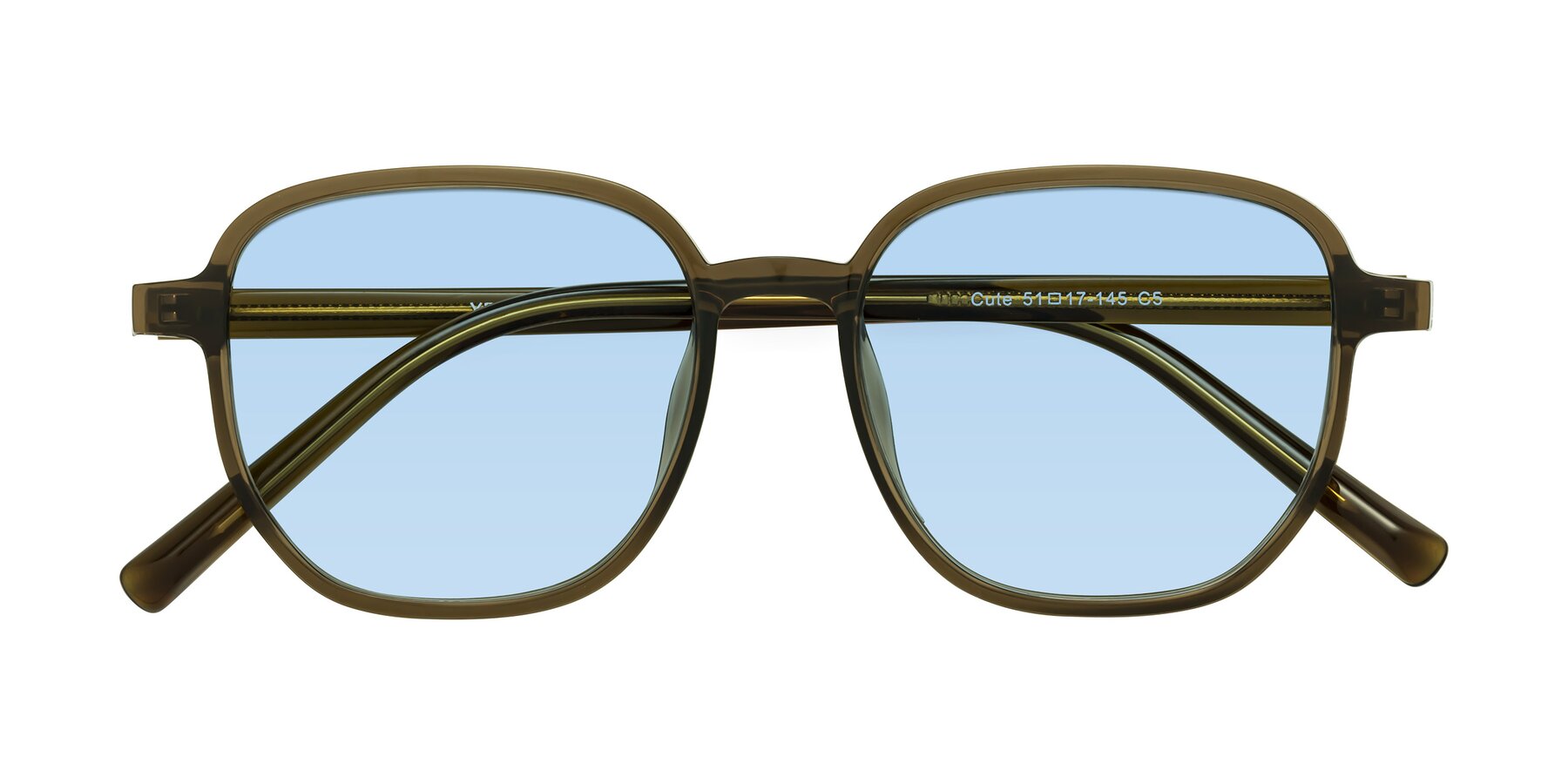 Folded Front of Cute in Coffee with Light Blue Tinted Lenses