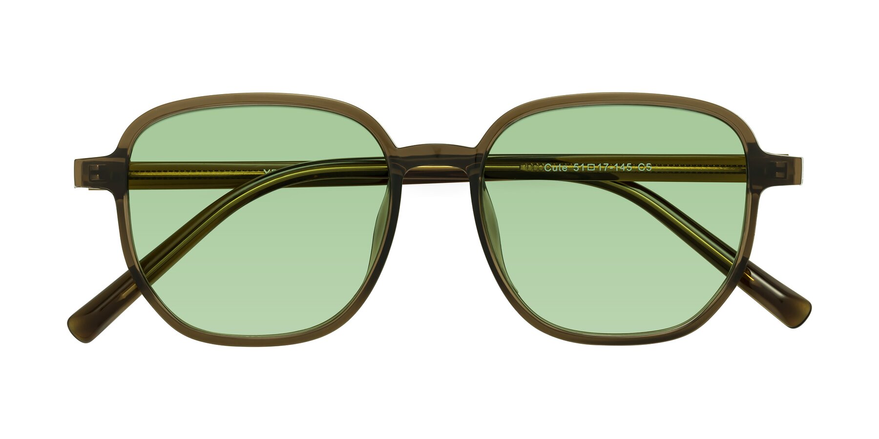 Folded Front of Cute in Coffee with Medium Green Tinted Lenses