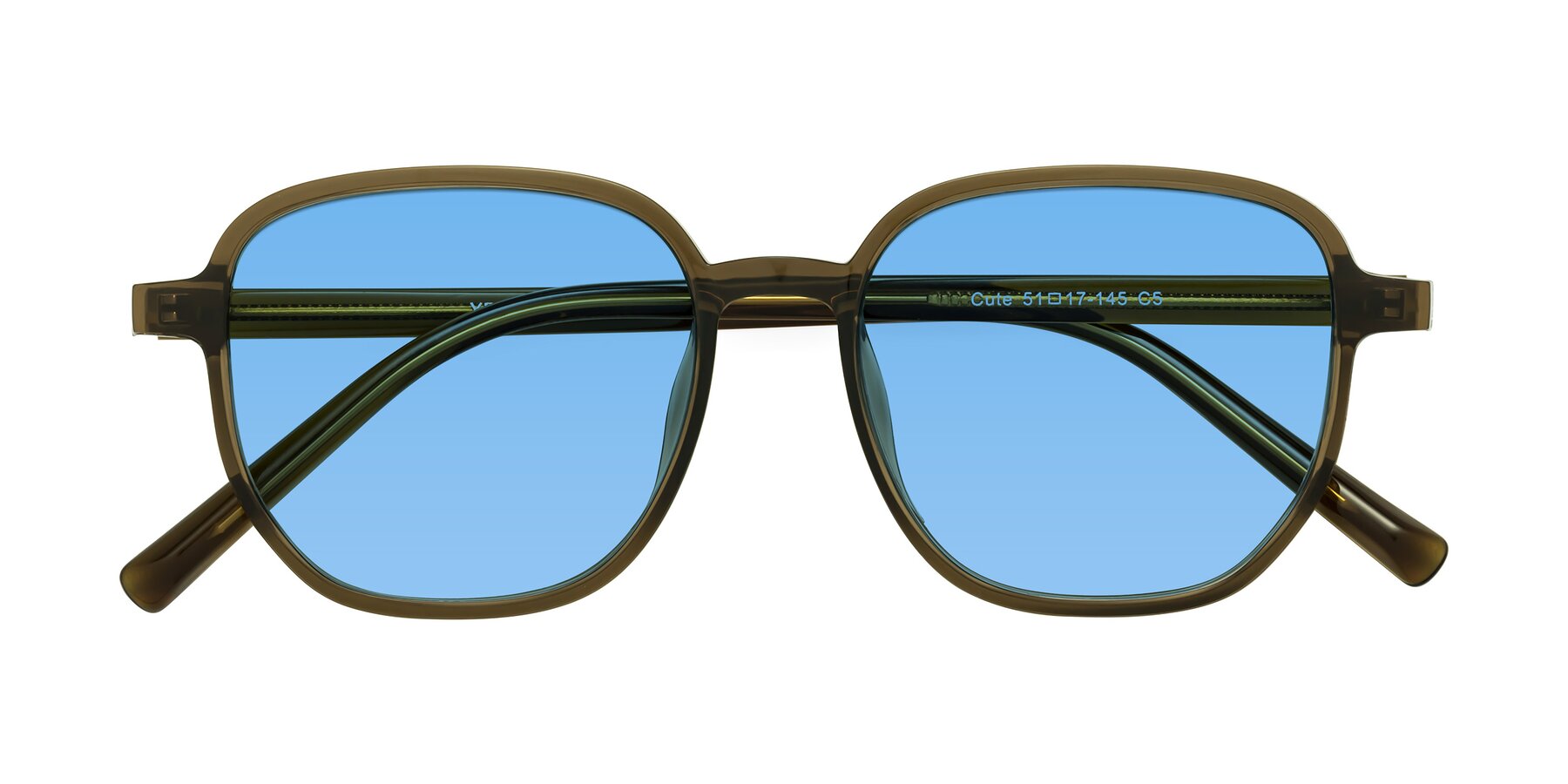 Folded Front of Cute in Coffee with Medium Blue Tinted Lenses