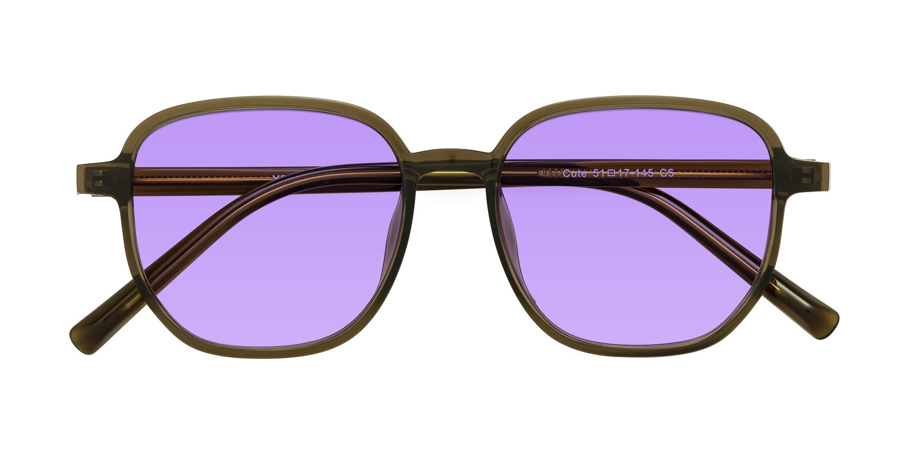 Folded Front of Cute in Coffee with Medium Purple Tinted Lenses