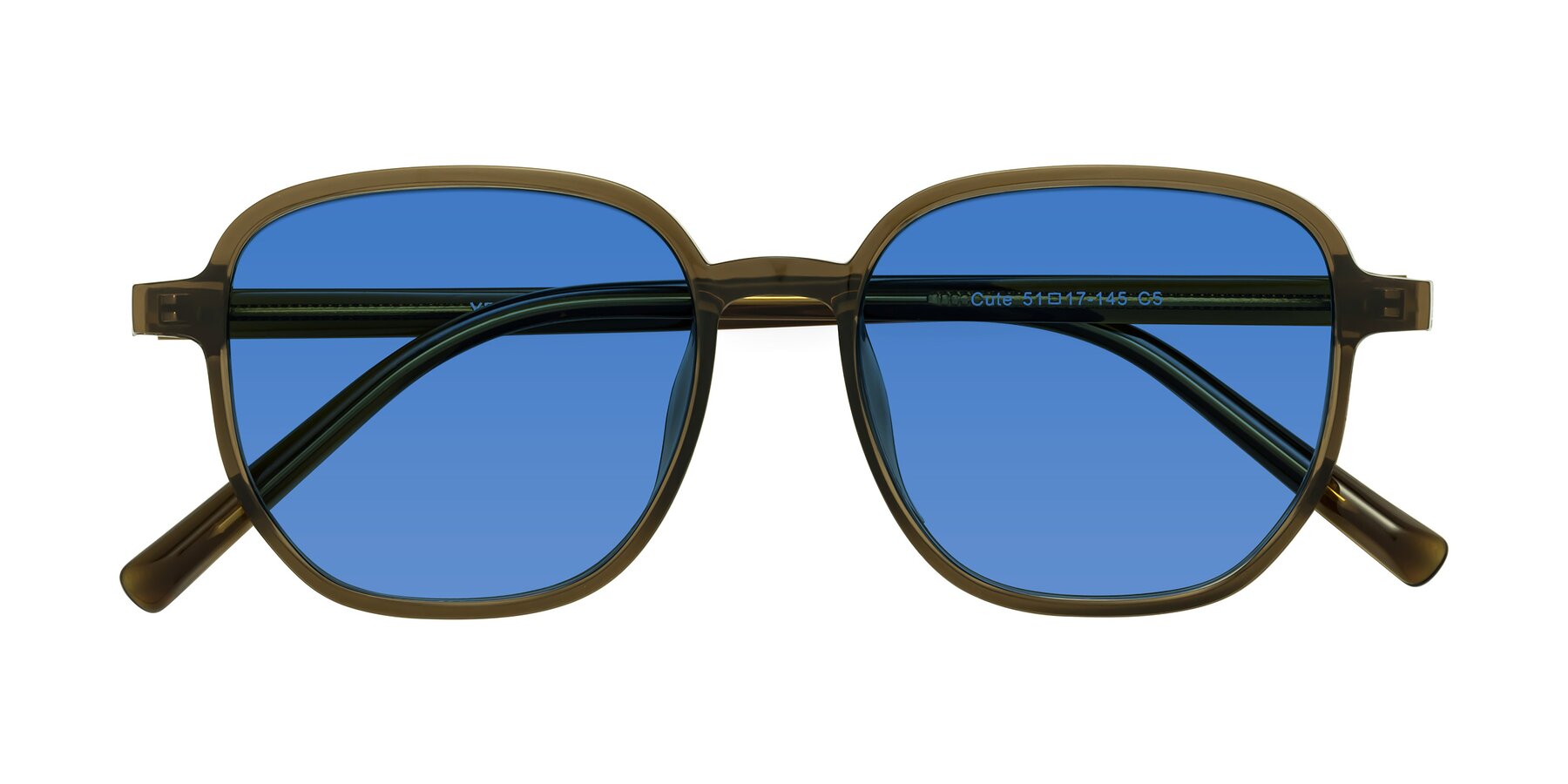 Folded Front of Cute in Coffee with Blue Tinted Lenses