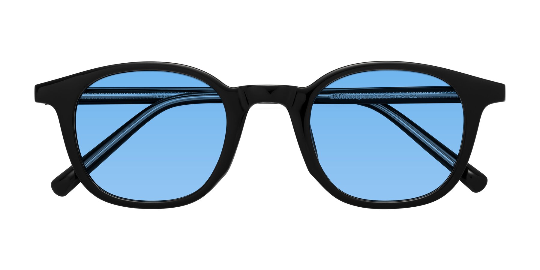 Folded Front of Cambridge in Black with Medium Blue Tinted Lenses