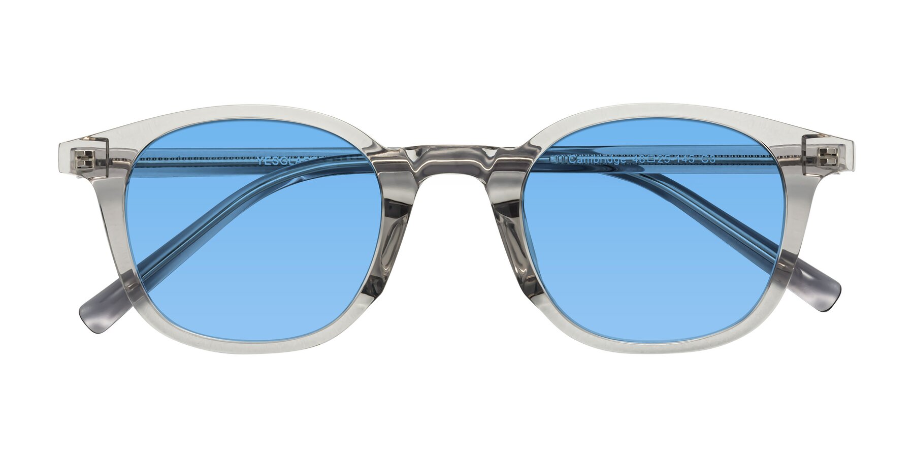 Folded Front of Cambridge in Translucent Gray with Medium Blue Tinted Lenses