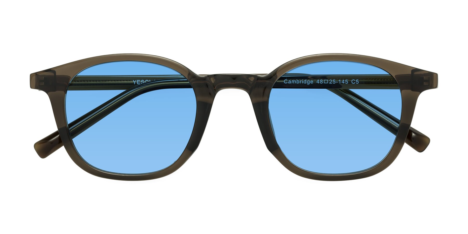 Folded Front of Cambridge in Coffee with Medium Blue Tinted Lenses