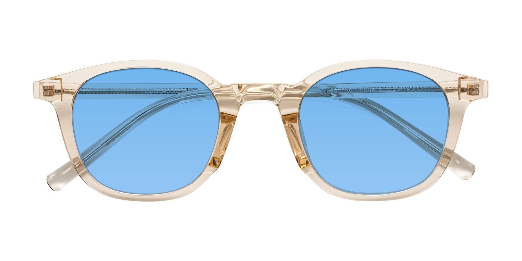 Folded Front of Cambridge in Champagne with Medium Blue Tinted Lenses