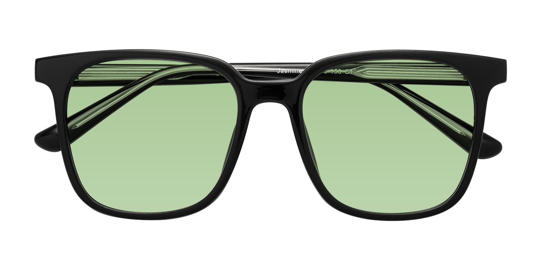Folded Front of Jasmine in Black with Medium Green Tinted Lenses