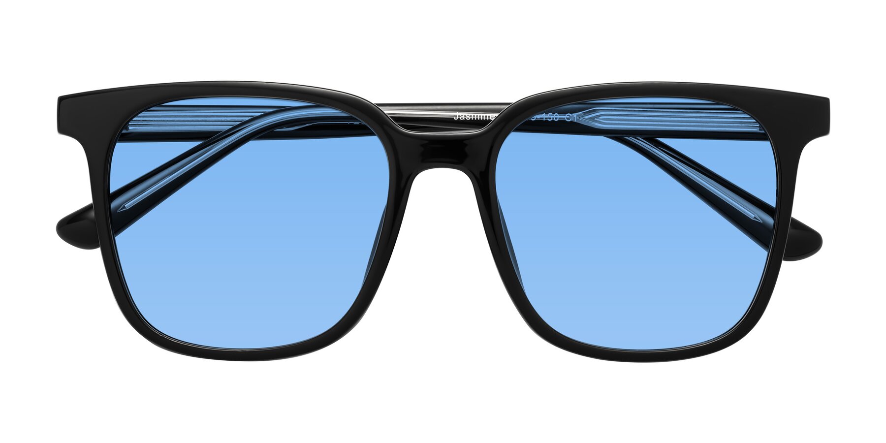 Folded Front of Jasmine in Black with Medium Blue Tinted Lenses
