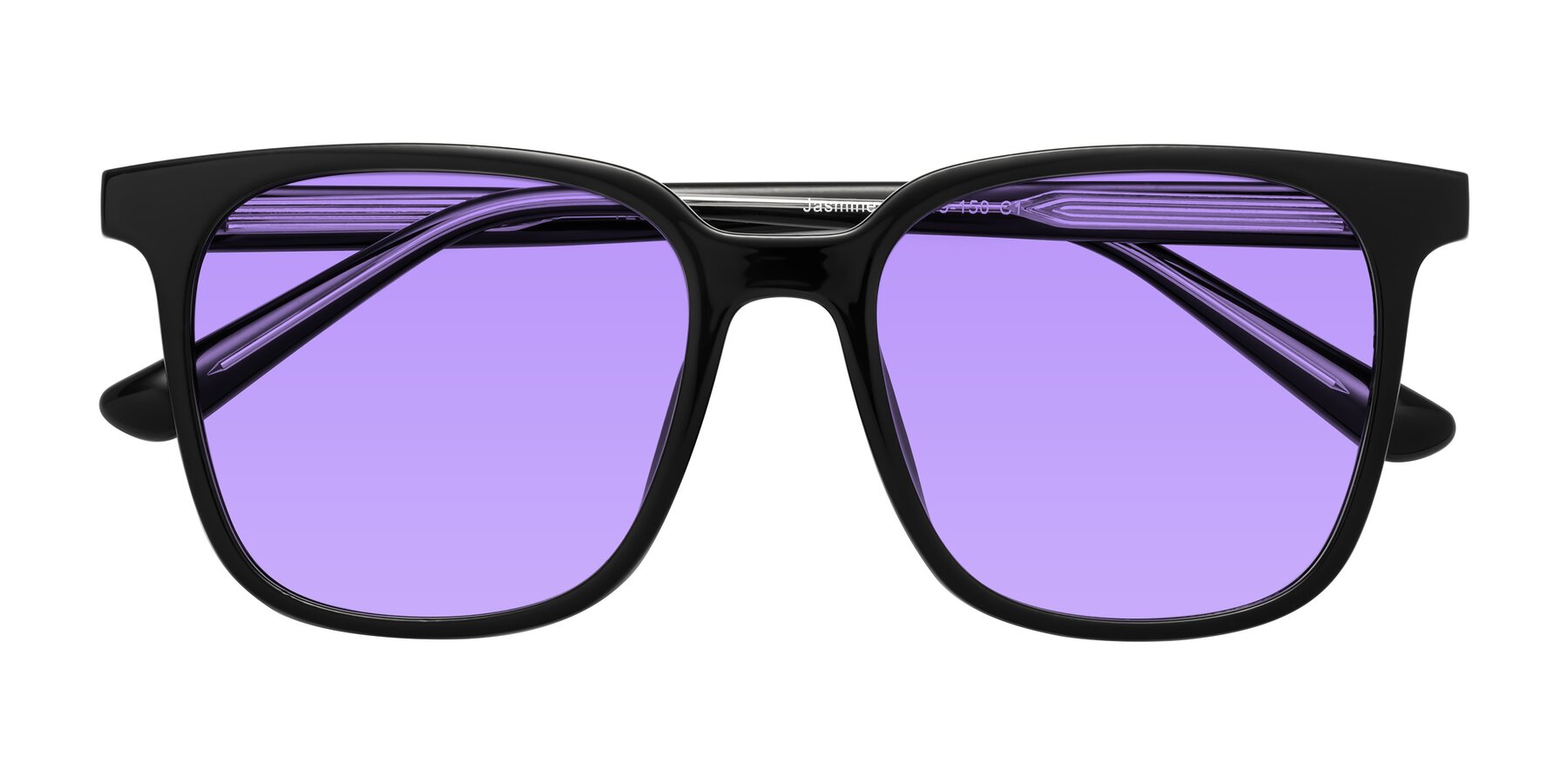 Folded Front of Jasmine in Black with Medium Purple Tinted Lenses
