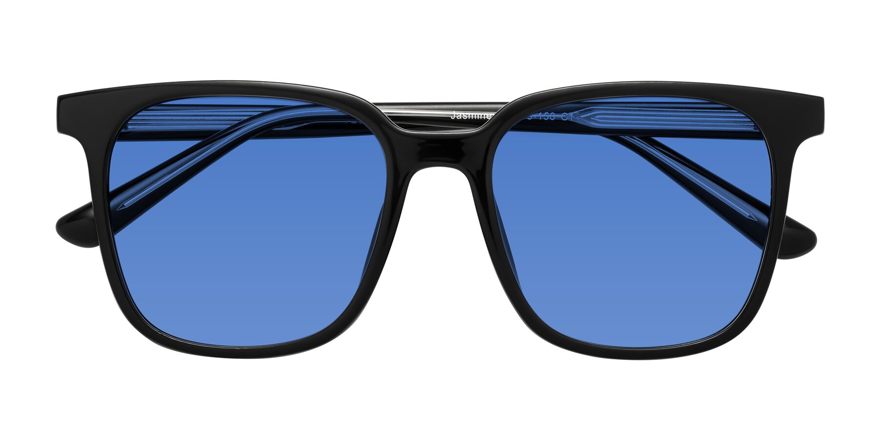 Folded Front of Jasmine in Black with Blue Tinted Lenses