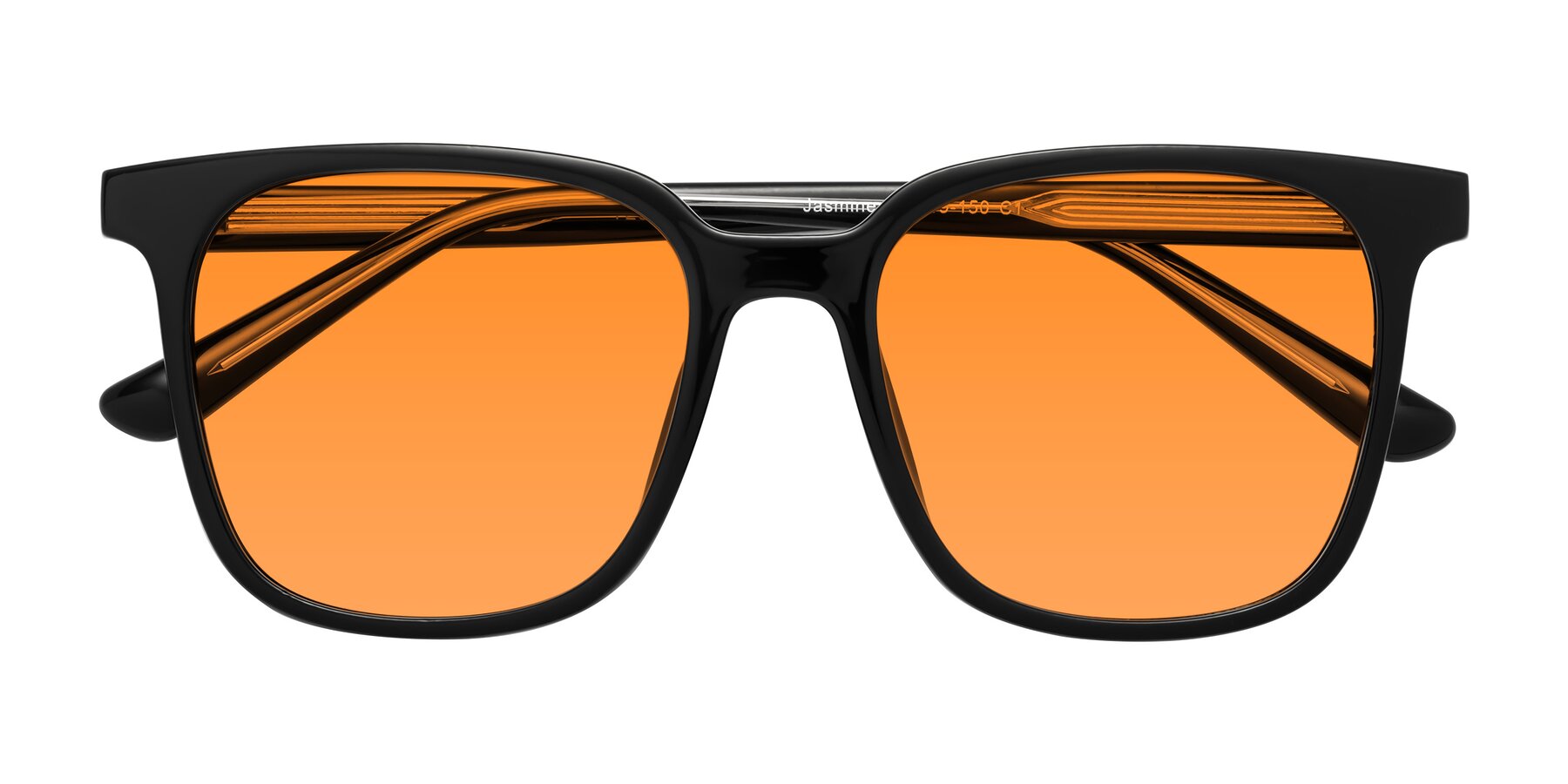 Folded Front of Jasmine in Black with Orange Tinted Lenses