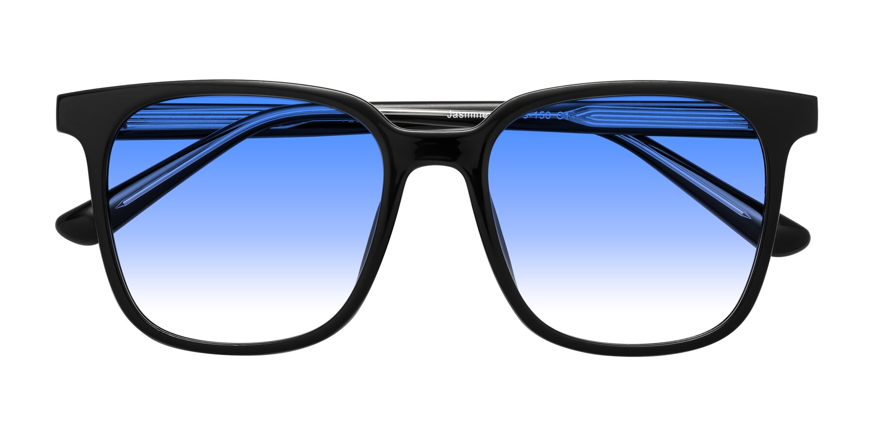 Folded Front of Jasmine in Black with Blue Gradient Lenses