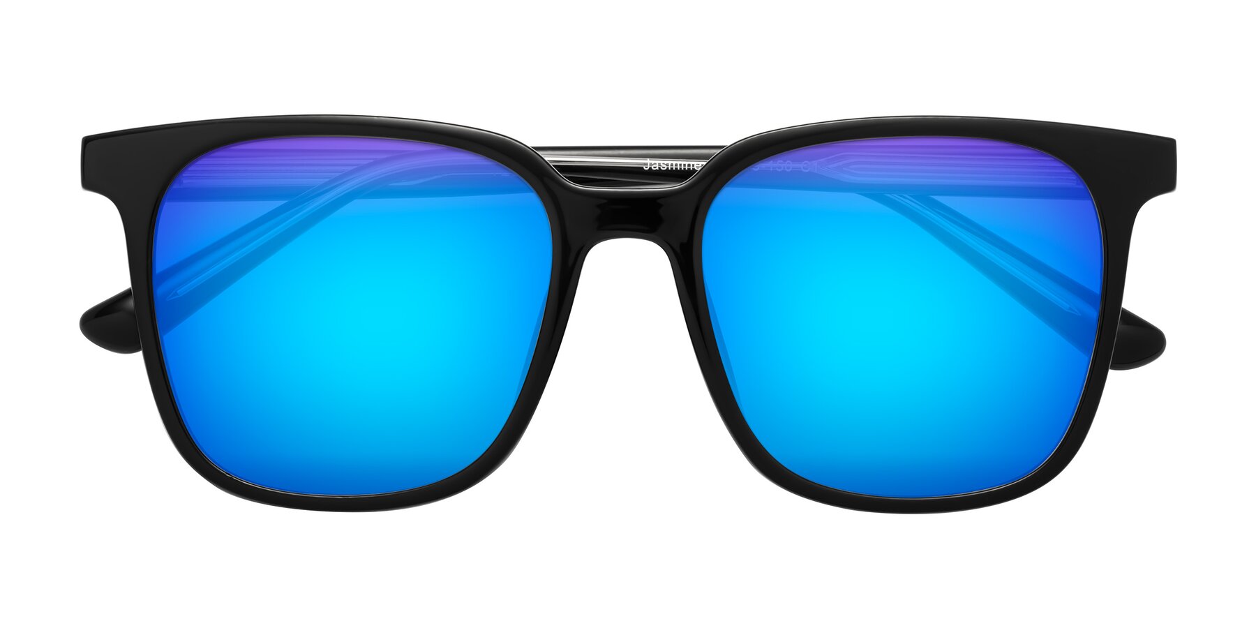 Folded Front of Jasmine in Black with Blue Mirrored Lenses