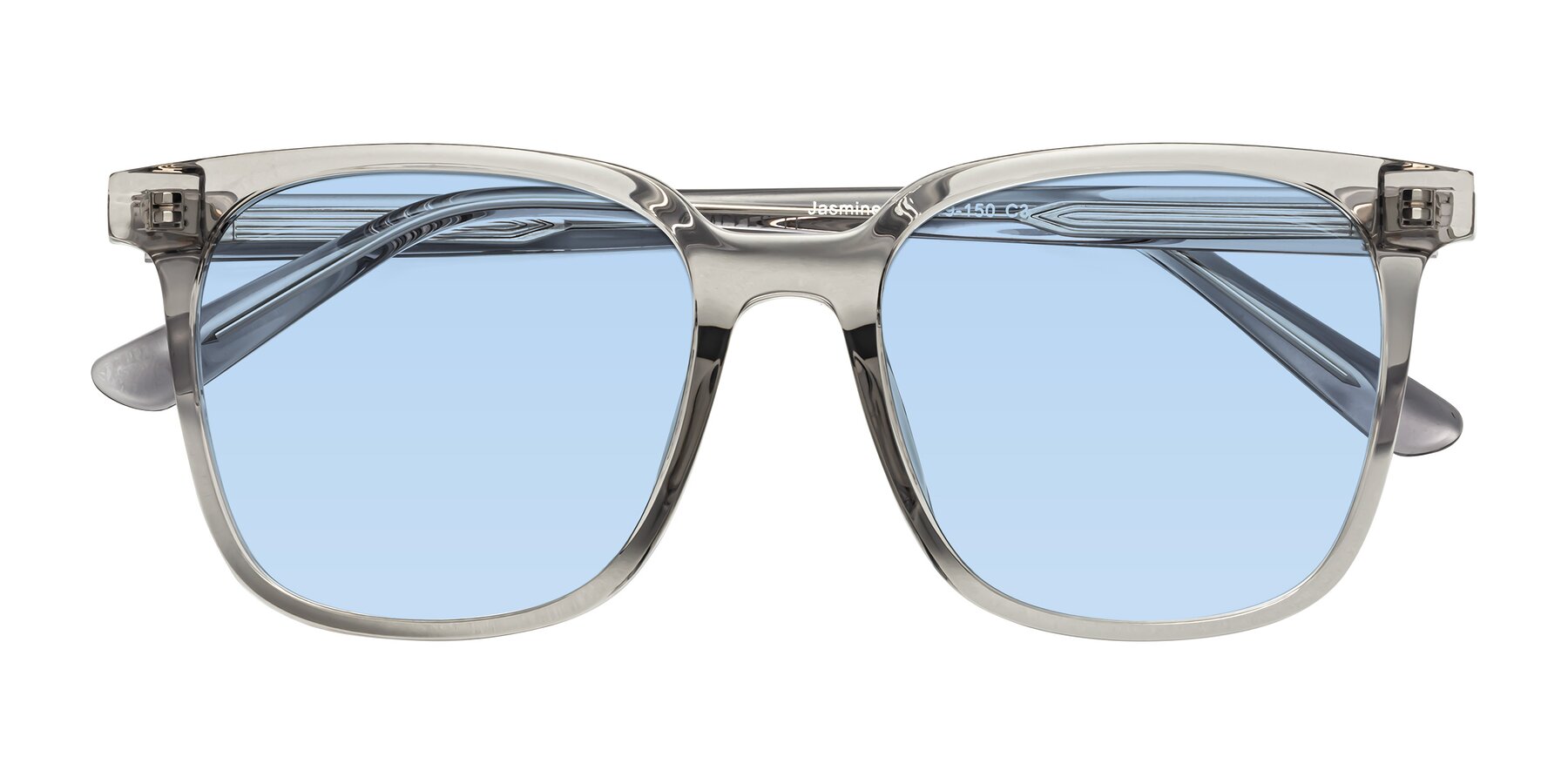 Folded Front of Jasmine in Translucent Gray with Light Blue Tinted Lenses