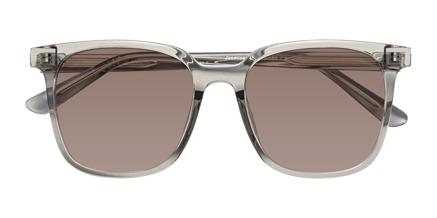 Folded Front of Jasmine in Translucent Gray with Medium Brown Tinted Lenses